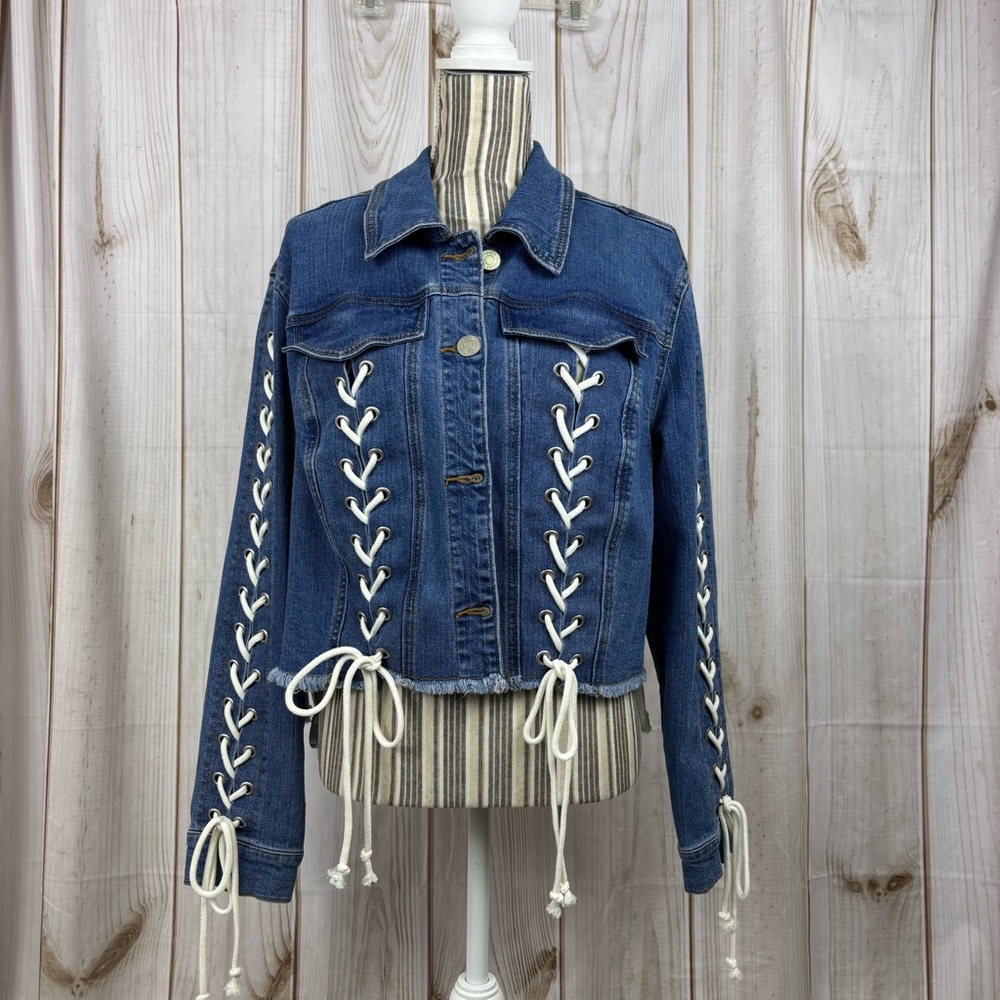Trendy Denim Jacket Lace-Up Raw Hem V Notch Back Chic Coat Blue Size 0X